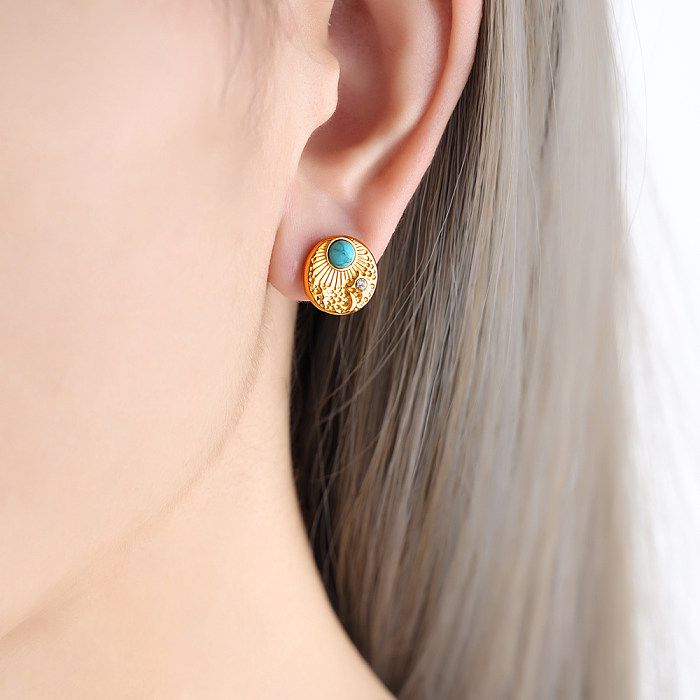 1 Pair Casual Simple Style Round Plating Inlay Stainless Steel Turquoise Rhinestones 18K Gold Plated Ear Studs