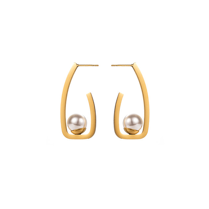 1 Paar elegante Streetwear-Tropfenohrringe mit Palmen-Perlen-Blumen-Inlay, Edelstahl, Perle, Zirkon, vergoldet