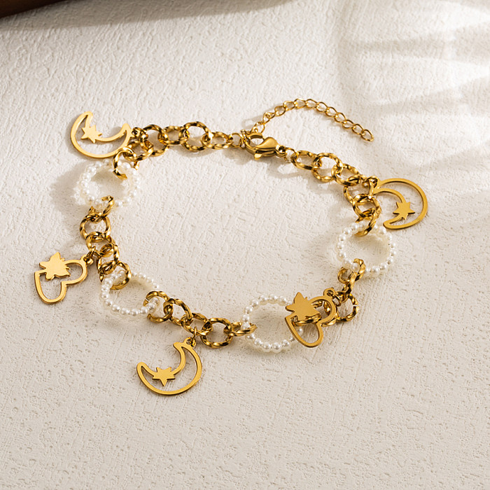 Pulseras chapadas en oro esmaltadas en capas de perlas de imitación de acero inoxidable con forma de corazón y luna de ojo de diablo informal