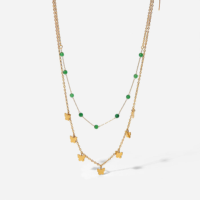 Collier en acier inoxydable, or 18 carats, ornement en pierre verte, petites perles, pompon papillon, Double collier en acier inoxydable