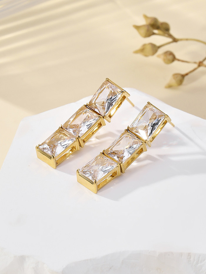 1 Paar elegante Damen-Tropfenohrringe mit glänzender geometrischer Beschichtung und Inlay aus Edelstahl mit Zirkon und 18 Karat Gold