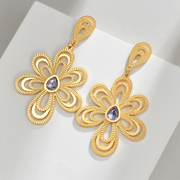 1 Pair Elegant Flower Plating Inlay Stainless Steel  Zircon 18K Gold Plated Drop Earrings