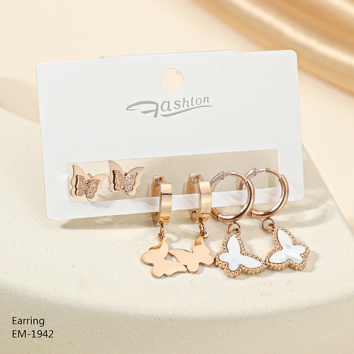 3 Pairs Simple Style Bear Wings Butterfly Plating Inlay Stainless Steel  Rhinestones Shell Rose Gold Plated Gold Plated Silver Plated Earrings