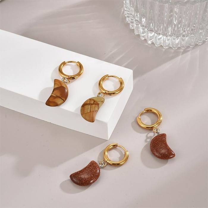 1 paire de boucles d'oreilles élégantes et luxueuses plaquées lune, en acier inoxydable, pierre naturelle, plaquées or 18 carats