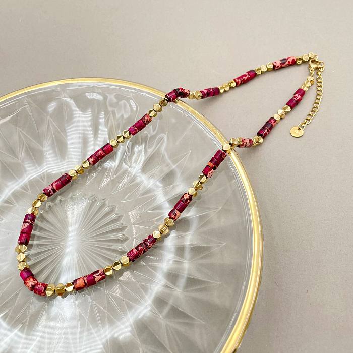 Collier de placage de perles en pierre naturelle en acier inoxydable multicolore de style simple 1 pièce