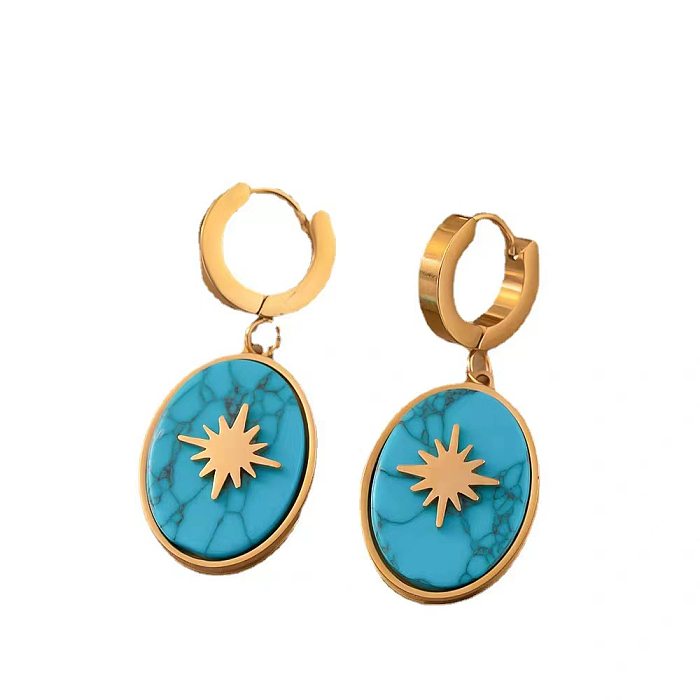 1 Pair Retro Streetwear Four Leaf Clover Heart Shape Plating Inlay Stainless Steel Turquoise Drop Earrings