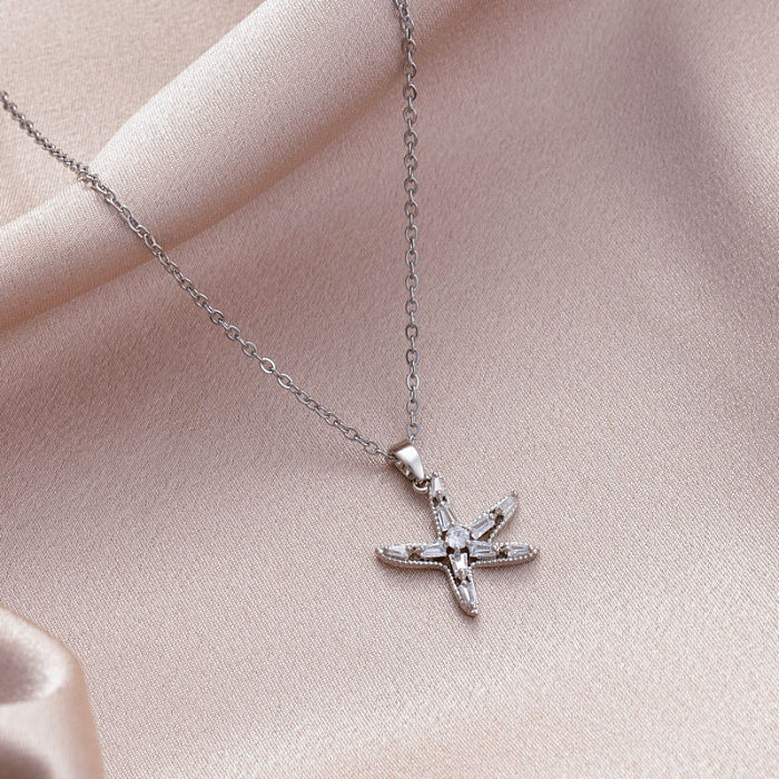 Elegant Swan Starfish Snowflake Stainless Steel  Stainless Steel Plating Inlay Zircon White Gold Plated Pendant Necklace