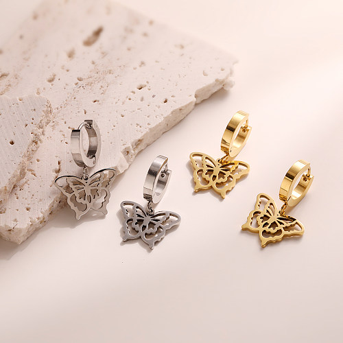 1 paire de boucles d'oreilles pendantes en acier inoxydable plaqué or 18 carats, Style Simple, placage papillon ajouré