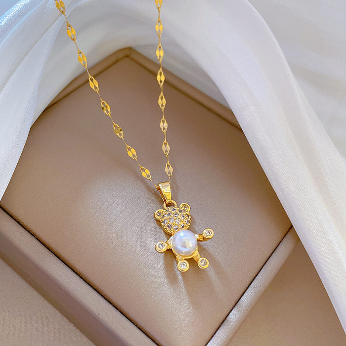 Fashion Bear Edelstahl-Kupfer-Inlay mit künstlichen Perlen und Zirkon-Anhänger-Halskette