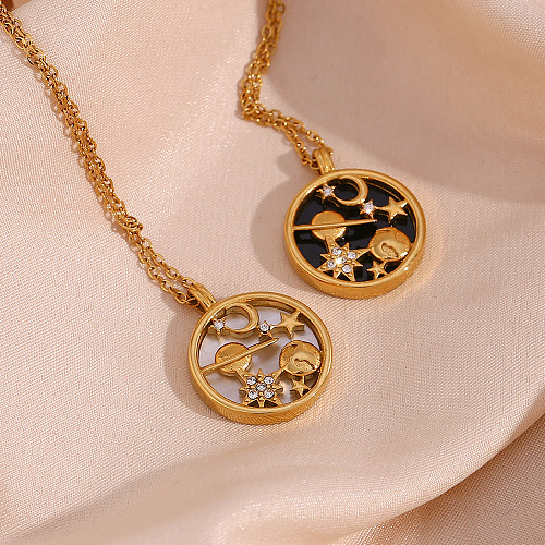 1 pieza de collar con colgante de diamantes de imitación con incrustaciones de acero inoxidable y luna y estrella redonda a la moda