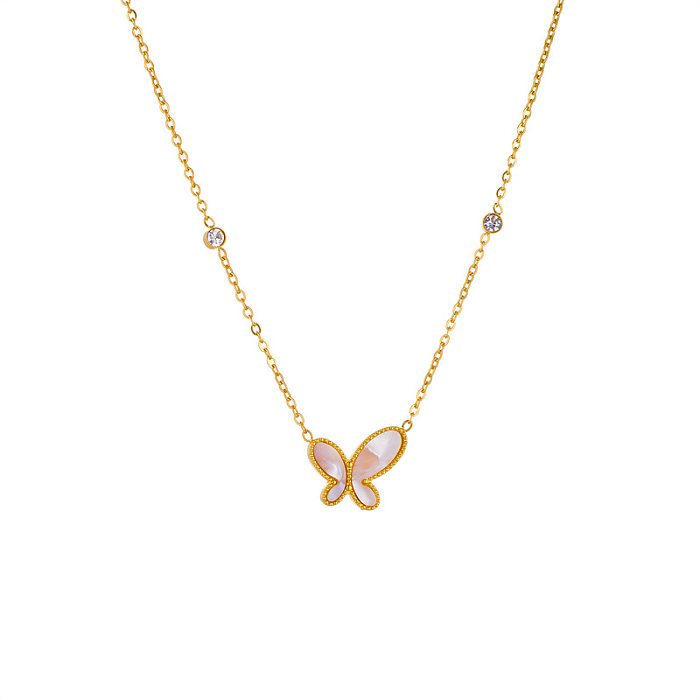 INS Style Sweet Butterfly Stainless Steel Plating Inlay Shell Zircon 18K Gold Plated Necklace