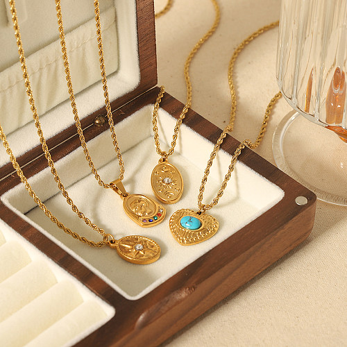 Retro Portrait Oval Heart Shape Stainless Steel  Polishing Plating Inlay Turquoise 18K Gold Plated Pendant Necklace