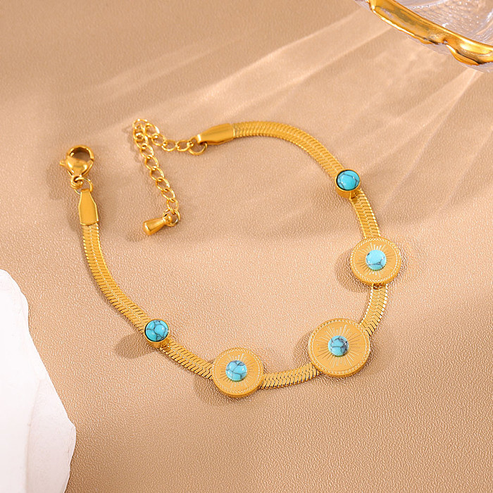 Vacation Roman Style Round Titanium Steel Plating Inlay Turquoise 18K Gold Plated Bracelets