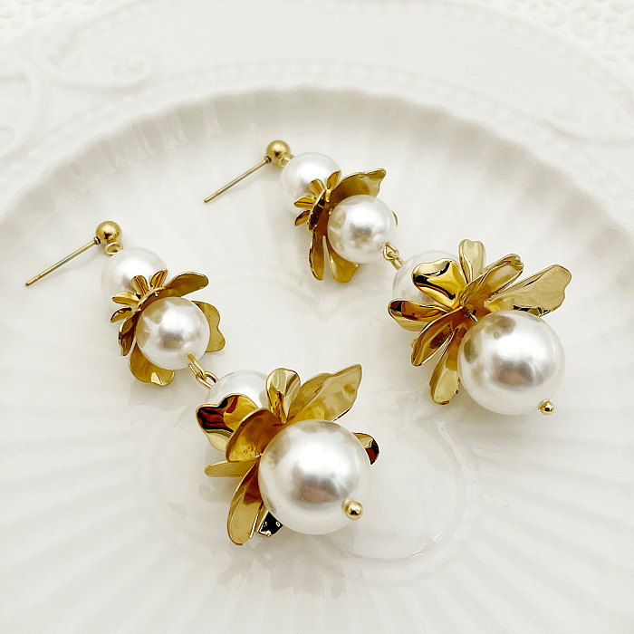 1 Pair Glam Lady Commute Flower Patchwork Plating Stainless Steel  Artificial Pearl Gold Plated Drop Earrings