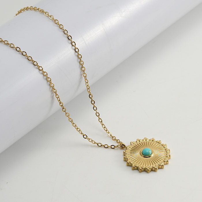 Collier pendentif rond en acier inoxydable, 1 pièce, Style Simple, incrustation Turquoise
