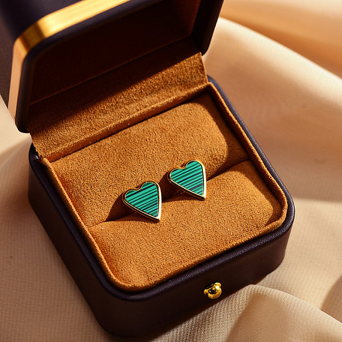 1 Pair Elegant Stripe Heart Shape Stainless Steel  Plating Inlay Malachite Shell Gold Plated Ear Studs
