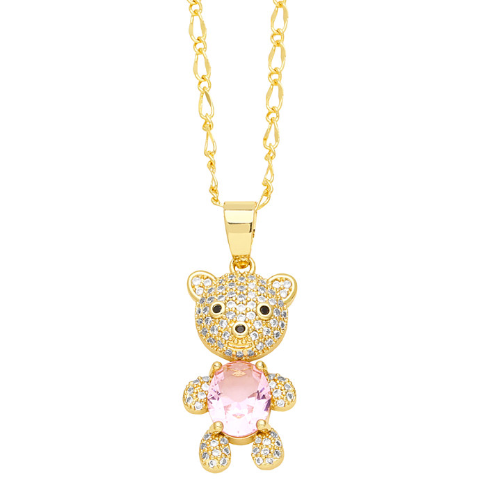 Cute Sweet Little Bear Stainless Steel  Copper Plating Inlay Zircon 18K Gold Plated Necklace