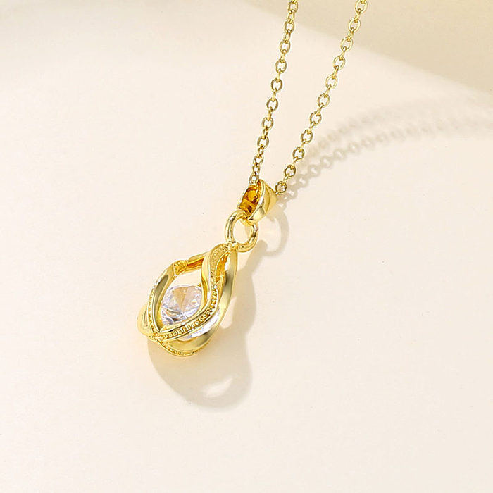 Elegant Water Droplets Stainless Steel  Plating Hollow Out Inlay Zircon 18K Gold Plated Pendant Necklace