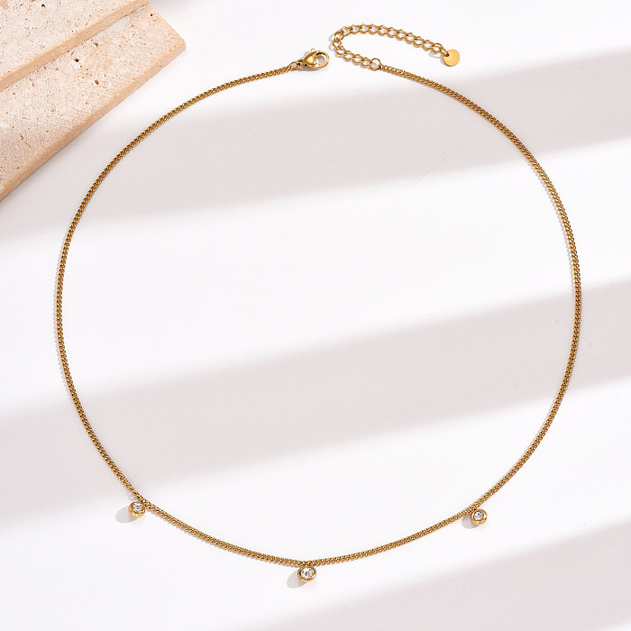 Elegant Simple Style Round Stainless Steel  Plating Inlay Rhinestones 14K Gold Plated Necklace