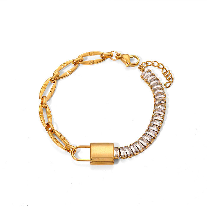IG Style Shiny Lock Stainless Steel Plating Inlay Zircon 18K Gold Plated Bracelets