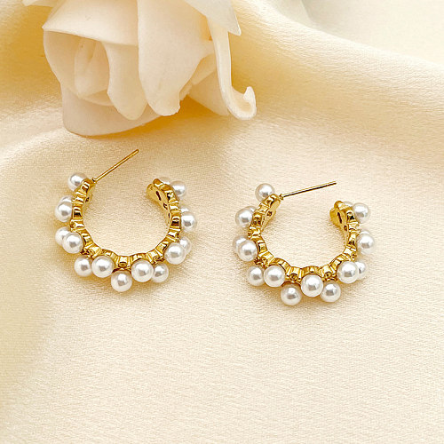 1 Paar elegante, runde, vergoldete Ohrstecker aus Edelstahl mit künstlichen Perlen