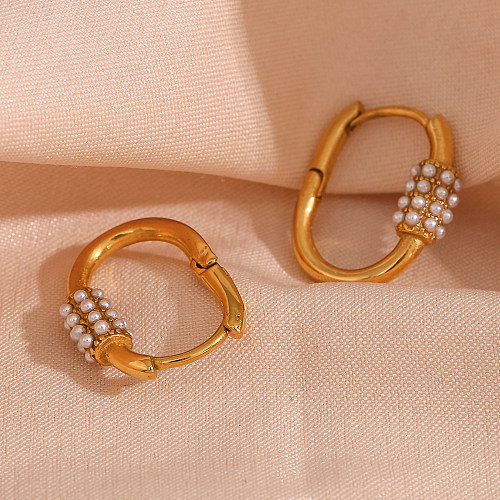 1 Pair Fashion U Shape Stainless Steel  Inlay Pearl Hoop Earrings