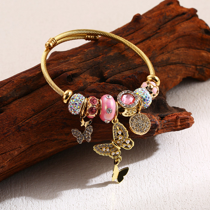 Elegant Cute Heart Shape Dragonfly Butterfly Stainless Steel Alloy Beaded Inlay Rhinestones Bangle