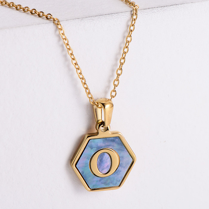 Nouveau Pendentif hexagone incrusté de coquille bleue lettre collier en acier inoxydable