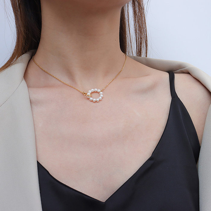 Collar con colgante de acero inoxidable con perlas de imitación geométricas para mujer elegante