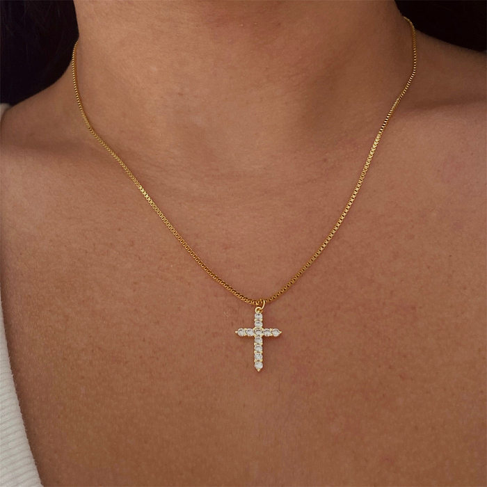 Simple Style Cross Stainless Steel Plating Inlay Zircon 18K Gold Plated Pendant Necklace