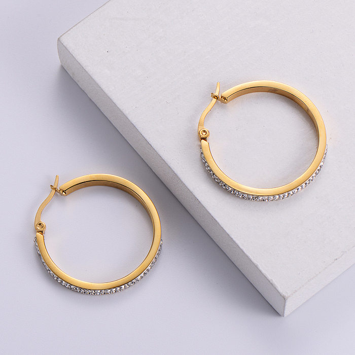 Gold Round Stick Diamond Women's Simple Stainless Steel  Ear Hoop Jewelry