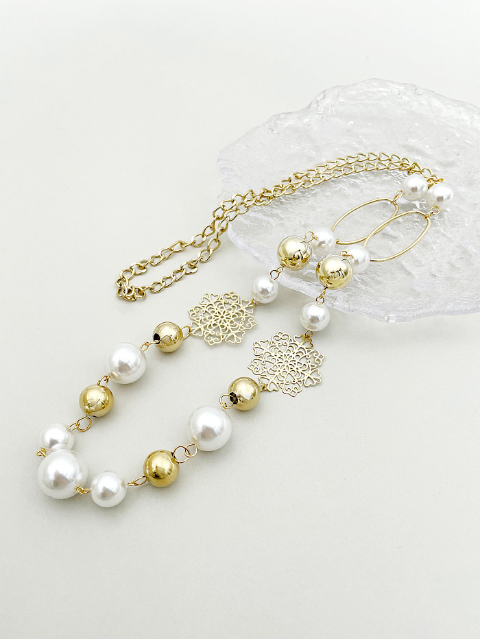 Streetwear Flower Stainless Steel  Beaded Plating Hollow Out Artificial Pearls Gold Plated Long Necklace