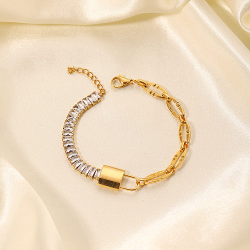 IG Style Shiny Lock Stainless Steel Plating Inlay Zircon 18K Gold Plated Bracelets