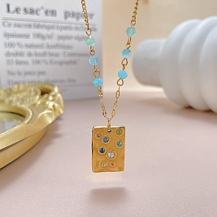 Vintage Style Square Stainless Steel Beaded Inlay Zircon Pendant Necklace