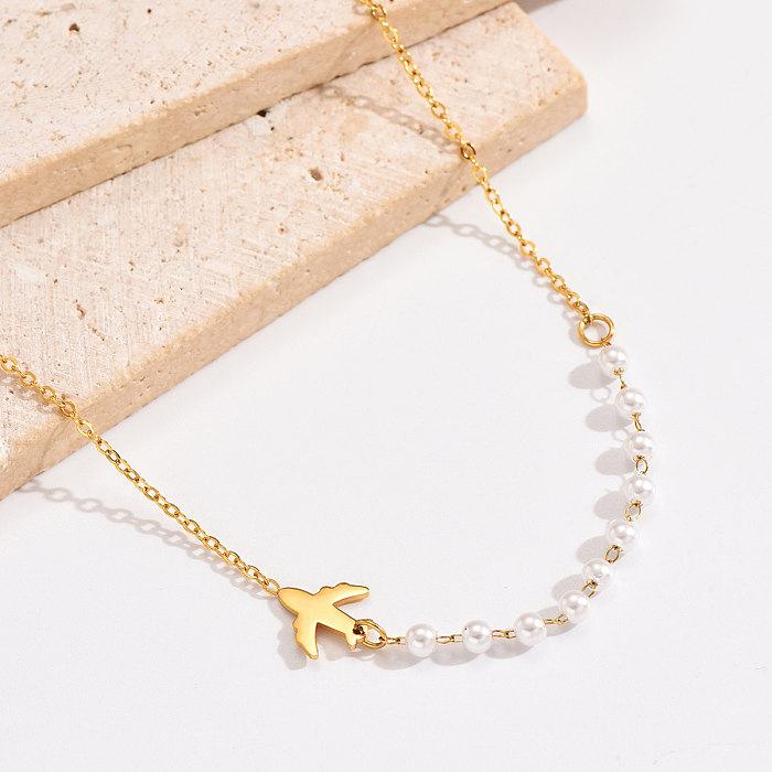 Casual Elegant Airplane Stainless Steel  Artificial Pearl Polishing Plating 14K Gold Plated Necklace