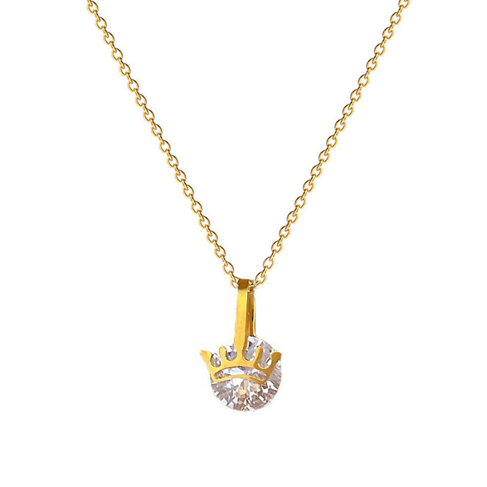 Lady Crown Stainless Steel Plating Inlay Zircon Pendant Necklace