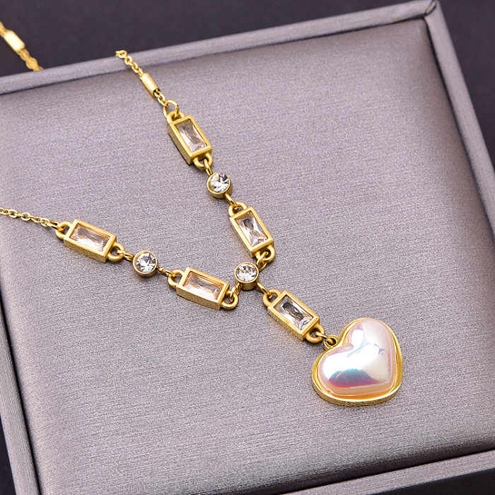 Glam Collier de perles artificielles plaquées en acier inoxydable en forme de cœur avec trèfle à quatre feuilles