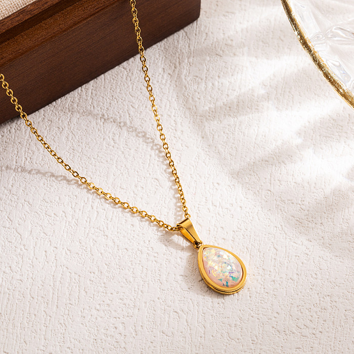 Elegant Simple Style Water Droplets Stainless Steel  Patchwork Imitation Opal 18K Gold Plated Pendant Necklace