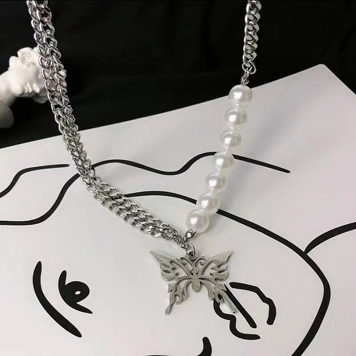Collier pendentif en acier inoxydable avec perles artificielles papillon hip-hop