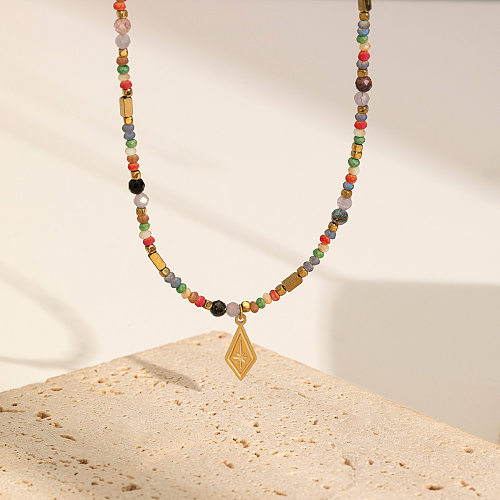 Elegant Rhombus Stainless Steel  Natural Stone Crystal Plating Pendant Necklace