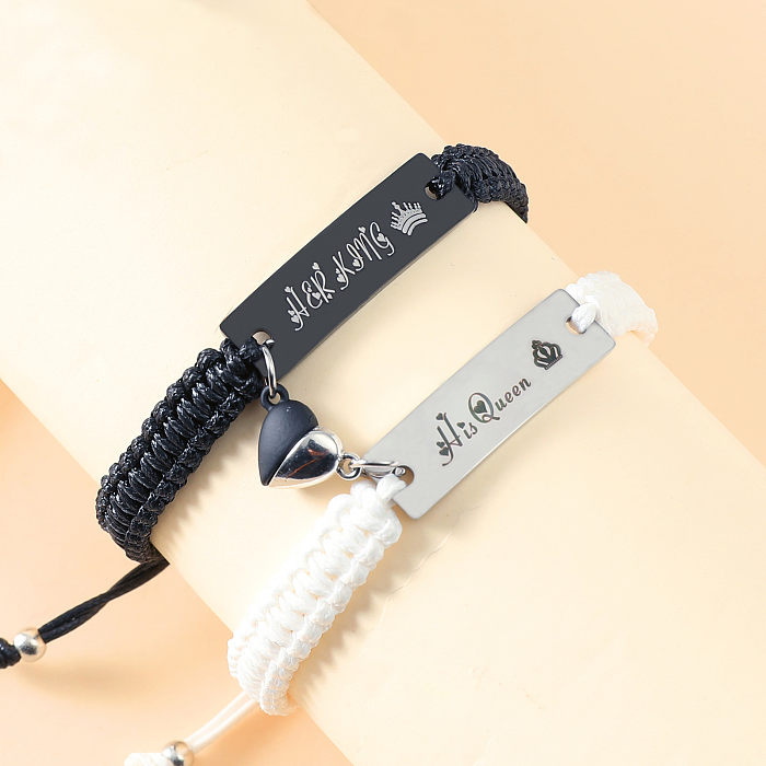1 par de pulseiras de tricô de corda de aço inoxidável retangular em forma de coração com letras da moda