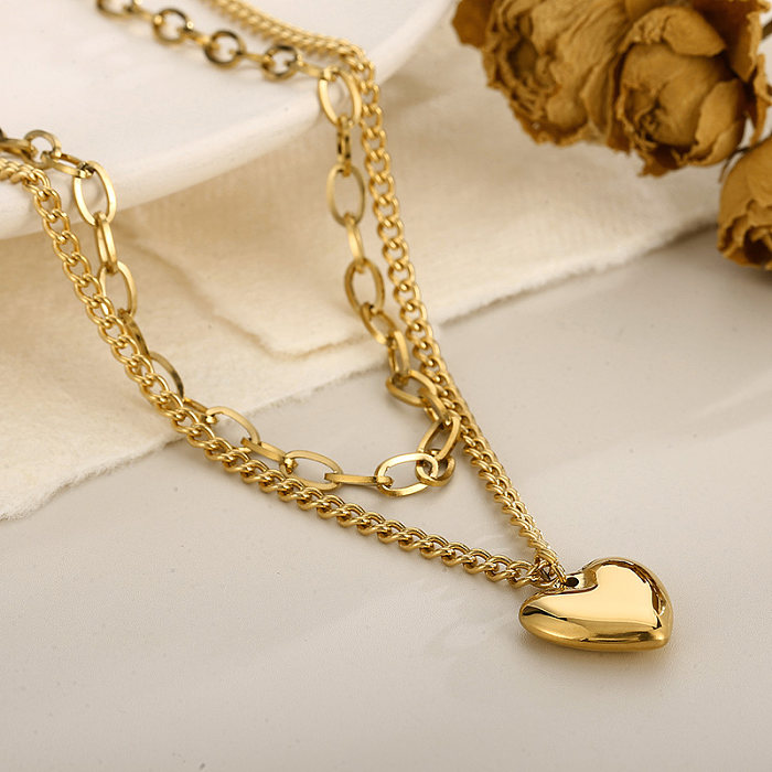 Lässige, moderne Herzform-Edelstahl-Edelstahlbeschichtung mit 18-Karat-Vergoldung, geschichtete Halsketten