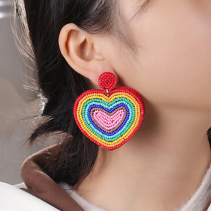 1 Pair Casual Sweet Artistic Rainbow Heart Shape Beaded Stainless Steel  Beaded Cloth Drop Earrings