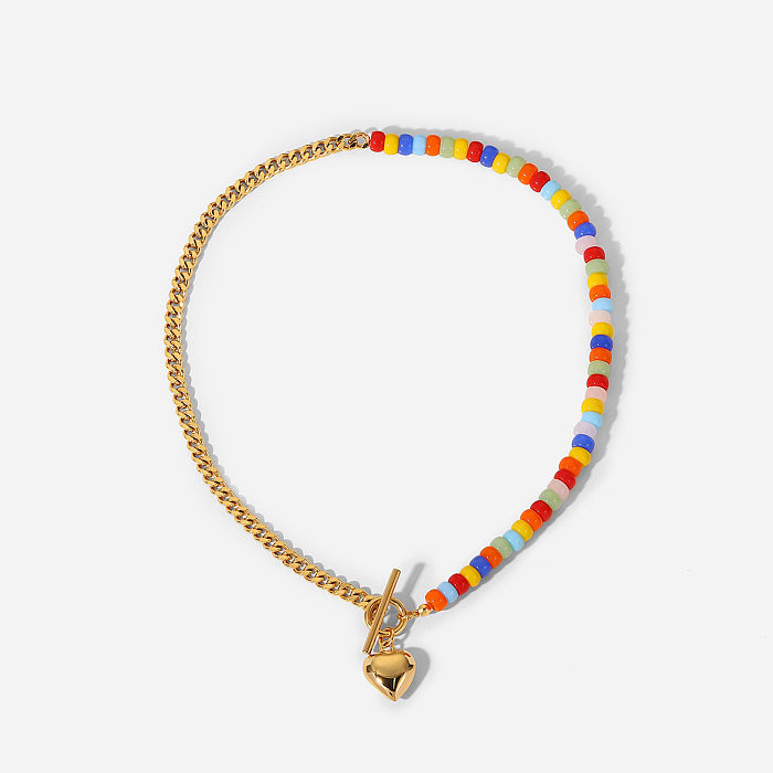 INS Style coloré en céramique perles couture chaîne à maillons cubains en or 18 carats OT boucle amour pendentif en acier inoxydable collier cou accessoires femme