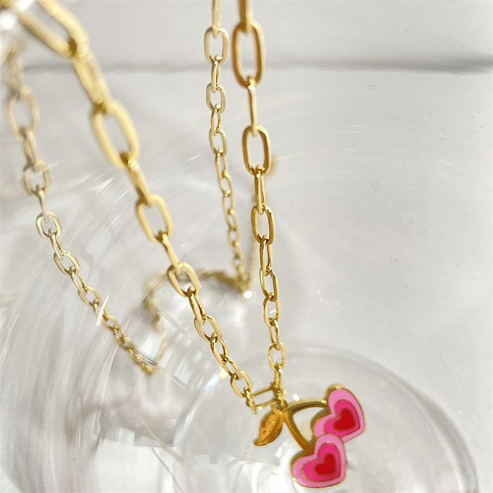 Collier pendentif cerise rose or d'été en acier inoxydable, galvanoplastie sous vide, or véritable 18 carats