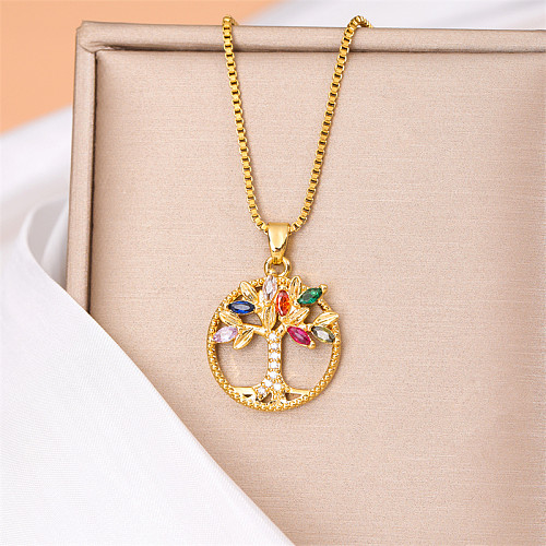 Simple Style Round Tree Stainless Steel  Stainless Steel Plating Inlay Zircon 18K Gold Plated Pendant Necklace