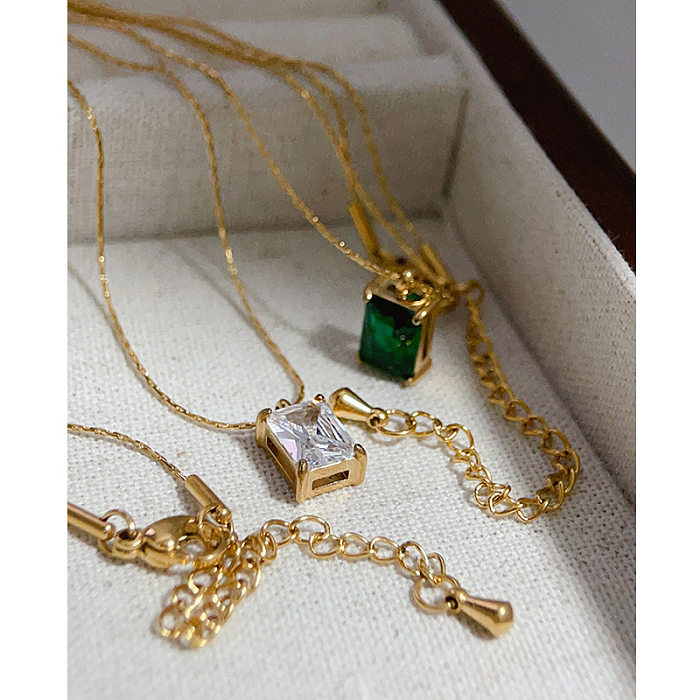 Elegant Streetwear Korean Style Square Stainless Steel Plating Inlay Zircon 18K Gold Plated Pendant Necklace