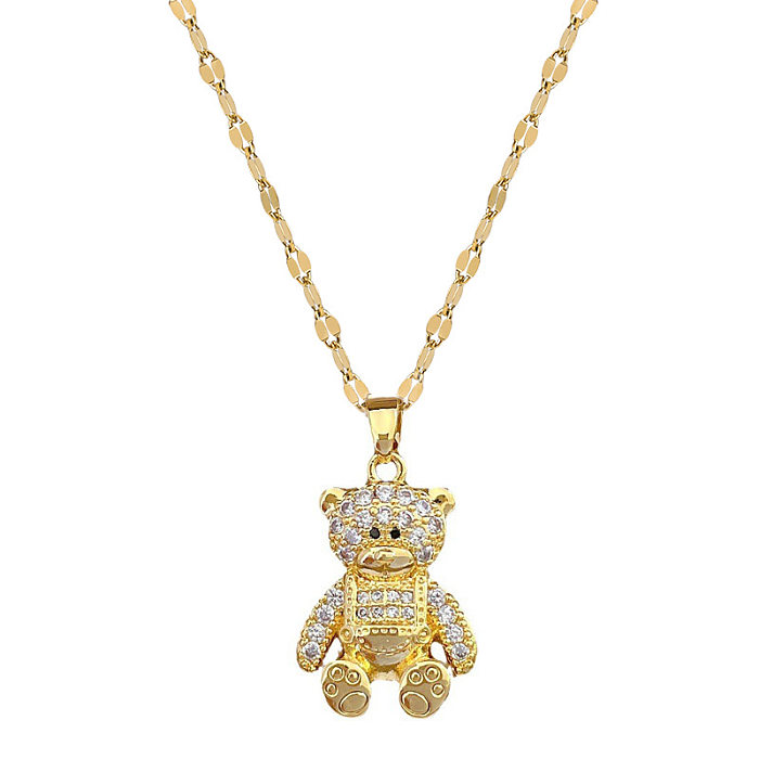 Cute Modern Style Bear Stainless Steel  Copper Inlay Zircon Pendant Necklace