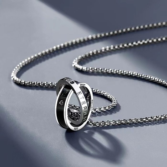 Hip-hop exagerado estilo simples anel duplo chapeamento de aço inoxidável incrustação zircão colar pingente banhado a prata