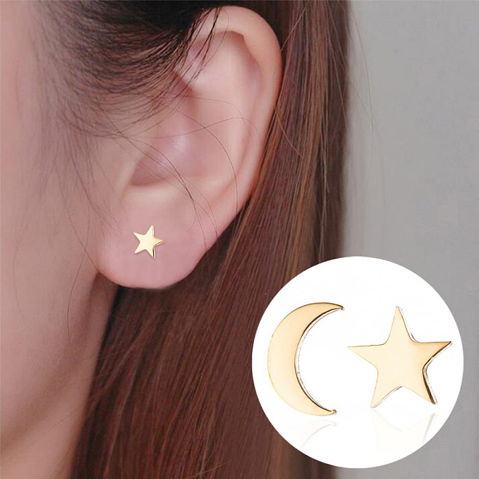 Clous d'oreilles plaqués asymétriques en acier inoxydable, étoile et lune, 1 paire
